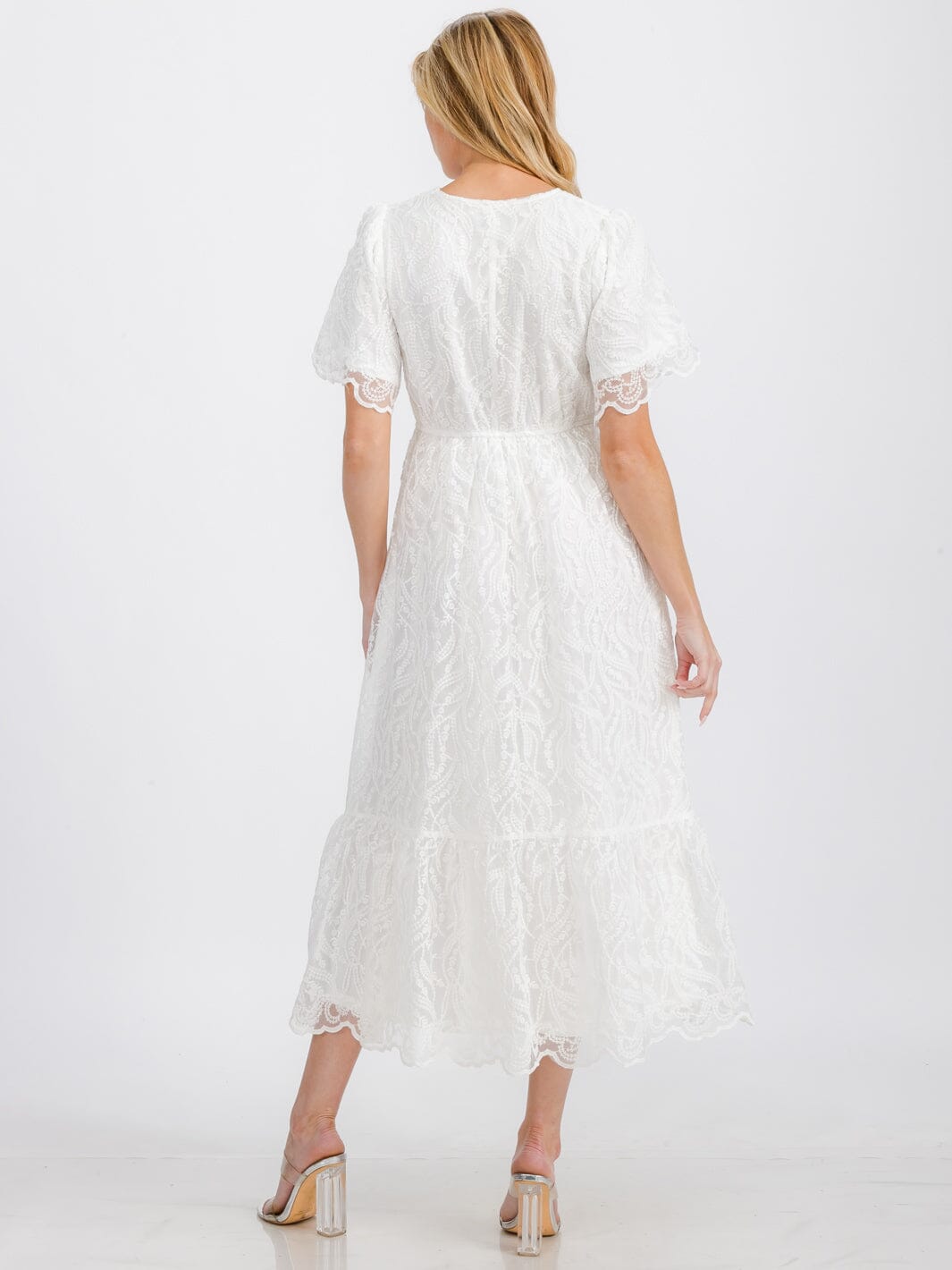 WOMEN'S SHORT SLEEVE V-NECK FRONT POCKETS ELASTIC WAIST FLORAL LACE MAXI DRESS