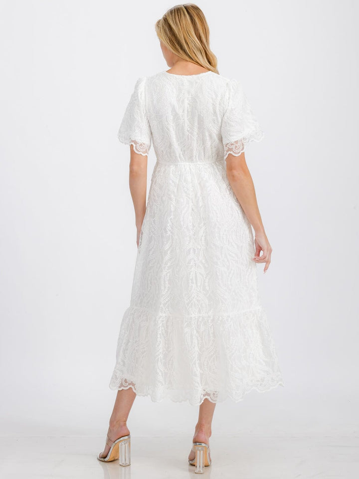 WOMEN'S SHORT SLEEVE V-NECK FRONT POCKETS ELASTIC WAIST FLORAL LACE MAXI DRESS