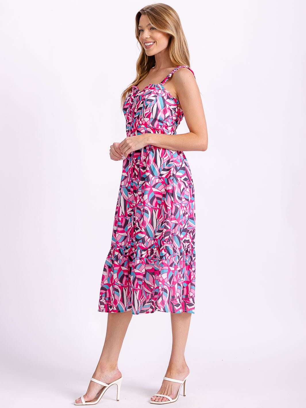 WOMEN'S SLEEVELESS BUTTON UP MULTI PRINT MIDI DRESS