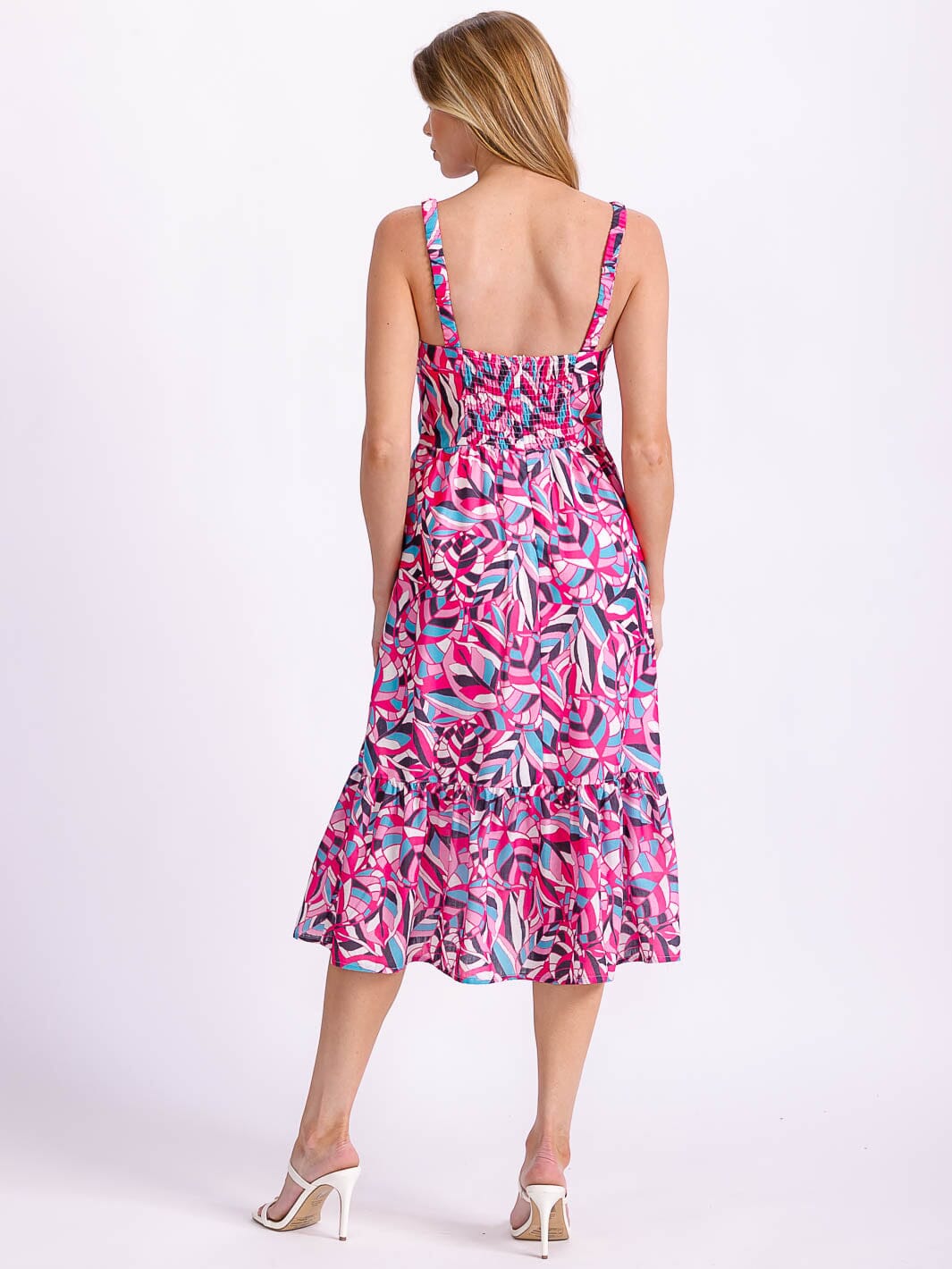 WOMEN'S SLEEVELESS BUTTON UP MULTI PRINT MIDI DRESS