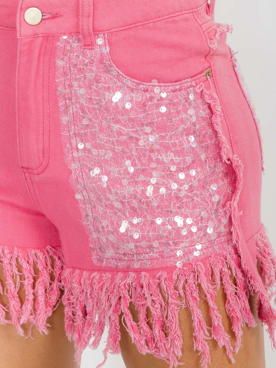 WOMEN'S BUTTON CLOSURE FRINGE POCKETS SEQUINS DENIM MINI SHORTS