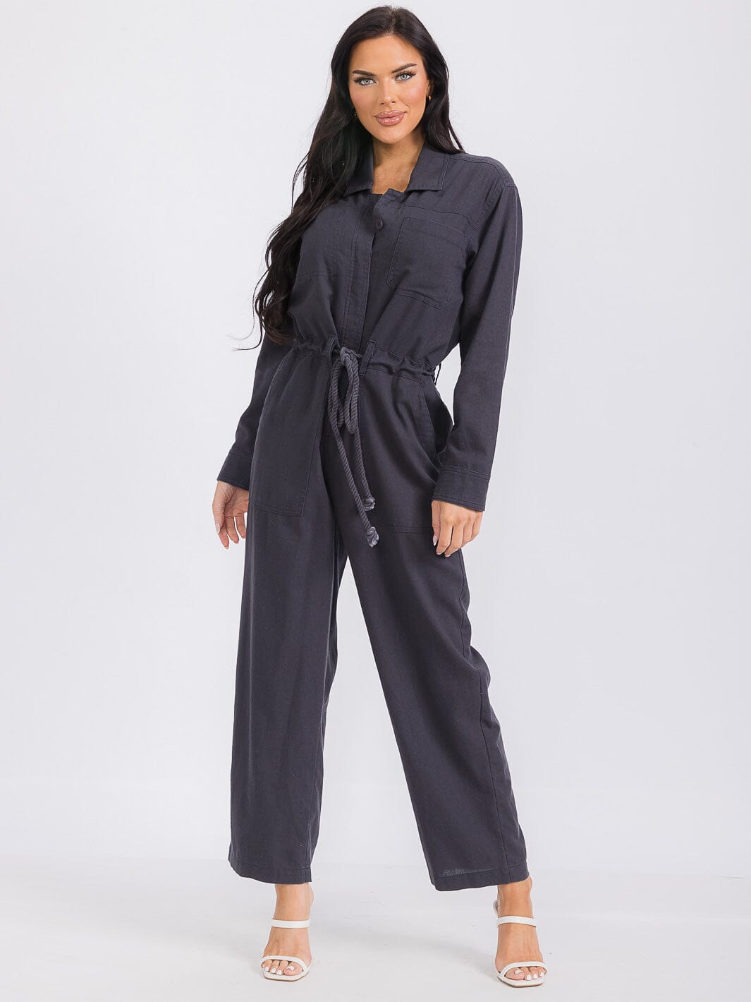 WOMEN'S LONG SLEEVE BUTTON UP POCKETS SELF TIE WIDE LEG JUMPSUIT