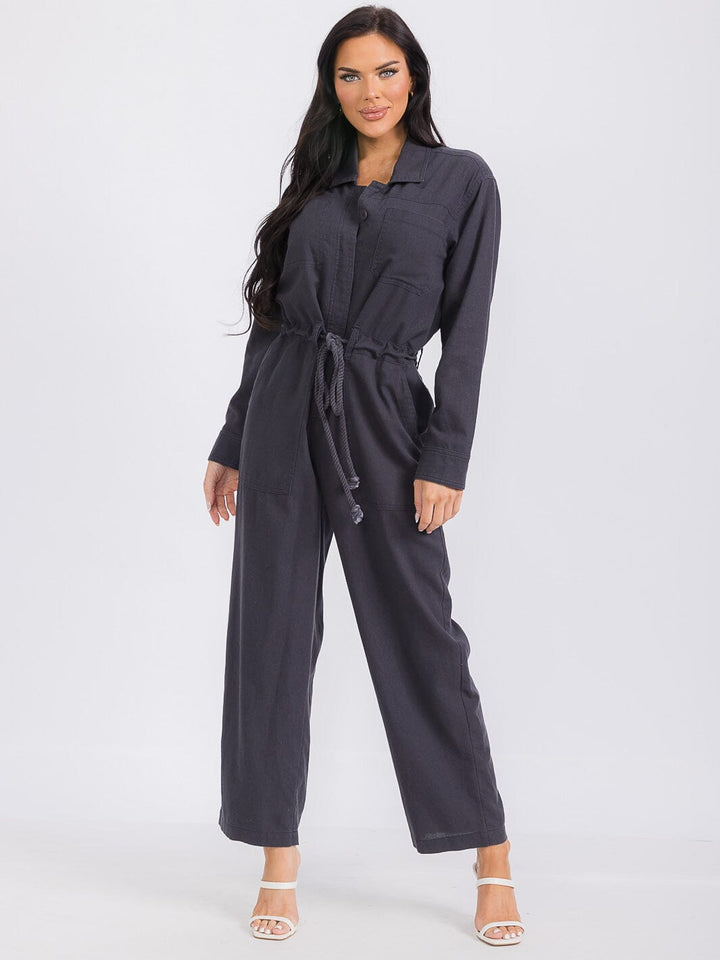 WOMEN'S LONG SLEEVE BUTTON UP POCKETS SELF TIE WIDE LEG JUMPSUIT