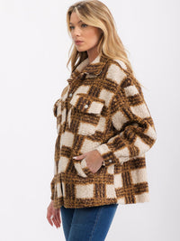 WOMEN'S LONG SLEEVE FRONT POCKETS BUTTON CLOSURE SHERPA PLAID JACKET