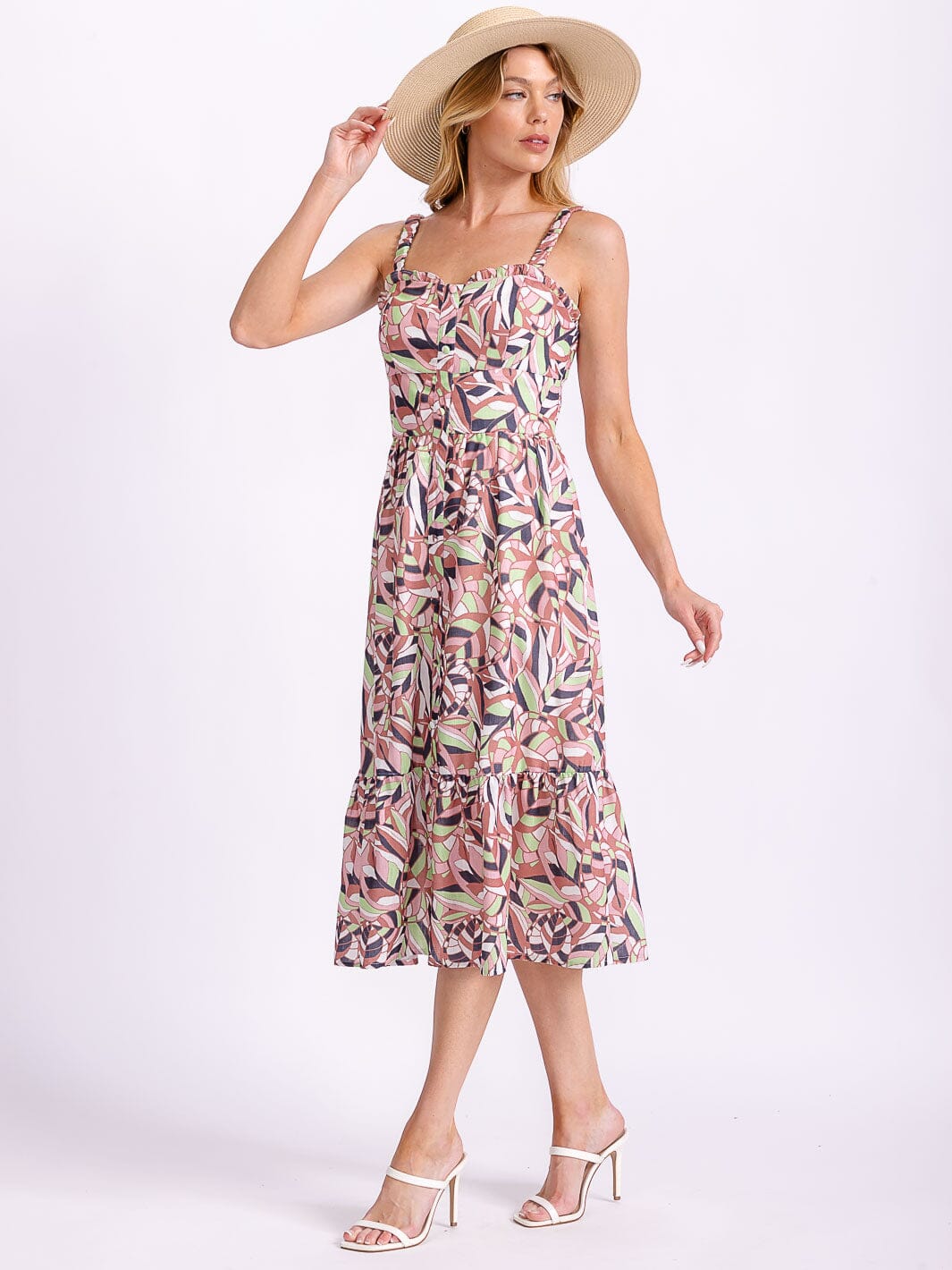 WOMEN'S SLEEVELESS BUTTON UP MULTI PRINT MIDI DRESS