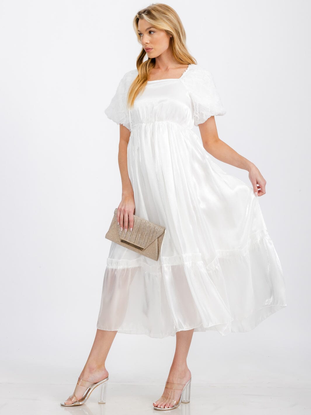 WOMEN'S SHORT PUFF SLEEVE SQUARE NECK SATIN MAXI DRESS Wholesalefashiontrends.com WOMEN'S SHORT PUFF SLEEVE SQUARE NECK SATIN MAXI DRESS Wholesalefashiontrends.com
