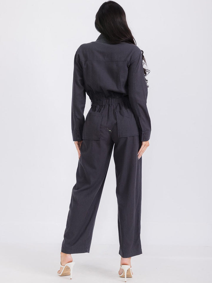 WOMEN'S LONG SLEEVE BUTTON UP POCKETS SELF TIE WIDE LEG JUMPSUIT