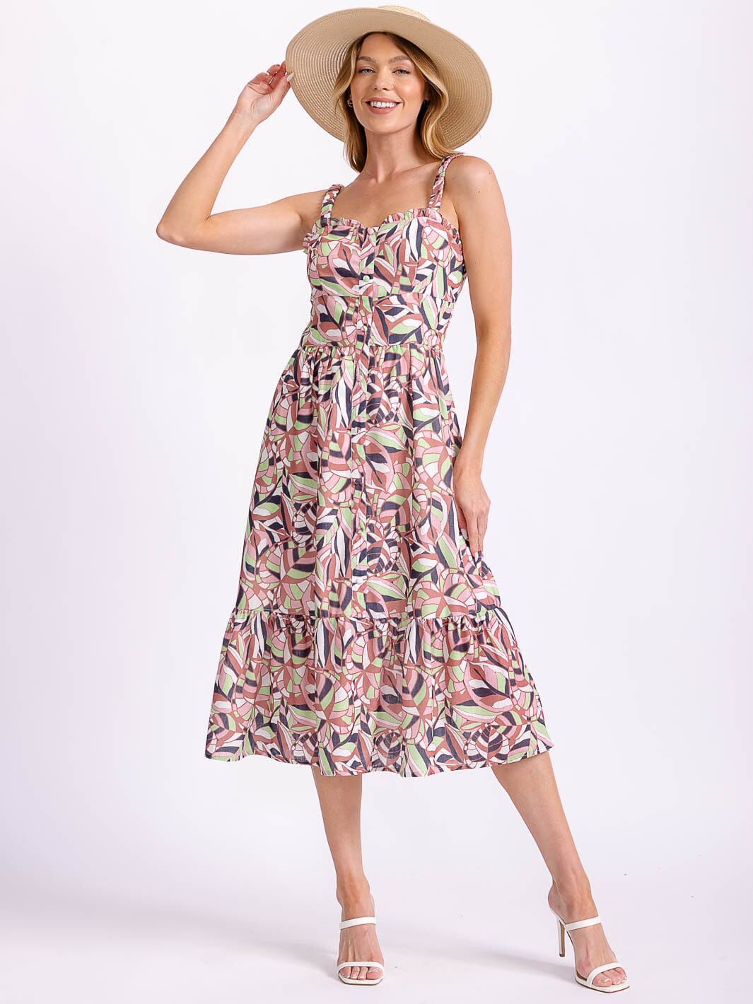 WOMEN'S SLEEVELESS BUTTON UP MULTI PRINT MIDI DRESS