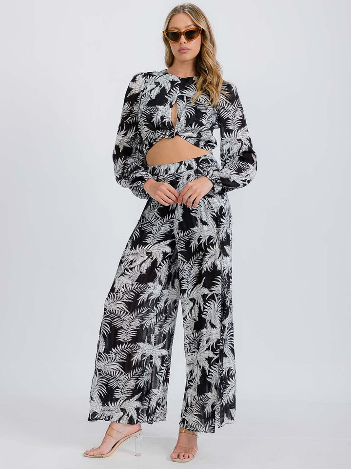 WOMEN'S LONG SLEEVE FRONT KNOT FLORAL TOP