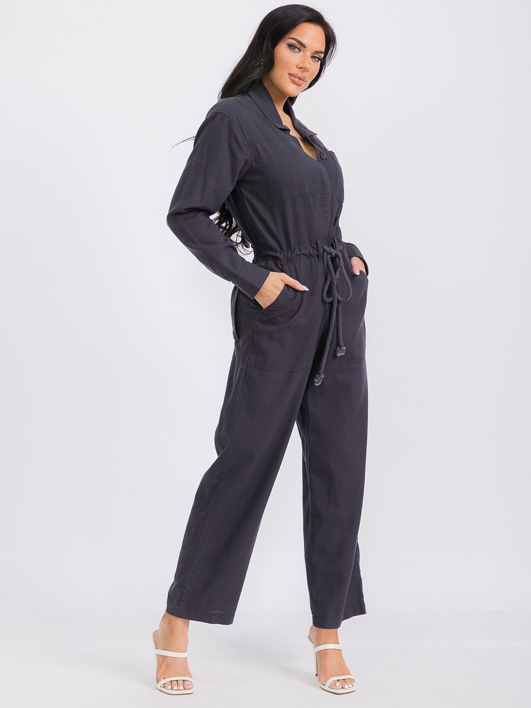 WOMEN'S LONG SLEEVE BUTTON UP POCKETS SELF TIE WIDE LEG JUMPSUIT