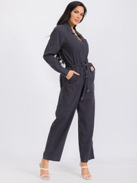 WOMEN'S LONG SLEEVE BUTTON UP POCKETS SELF TIE WIDE LEG JUMPSUIT