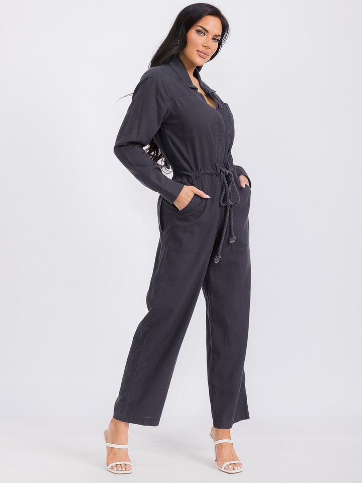 WOMEN'S LONG SLEEVE BUTTON UP POCKETS SELF TIE WIDE LEG JUMPSUIT