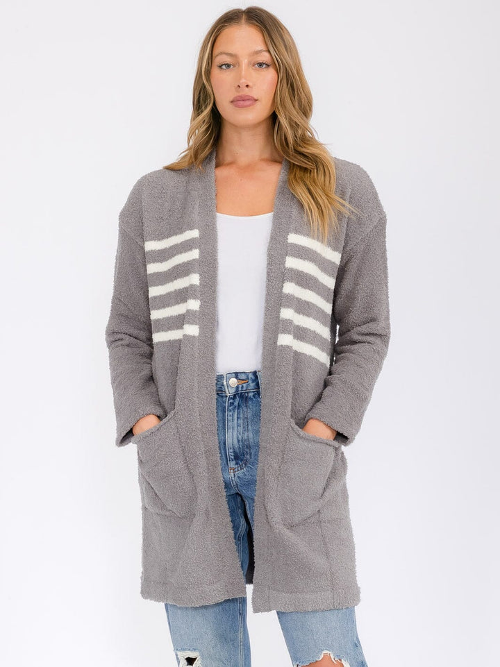 WOMEN'S LONG SLEEVE OPEN FRONT STRIPES POCKETS CARDIGAN