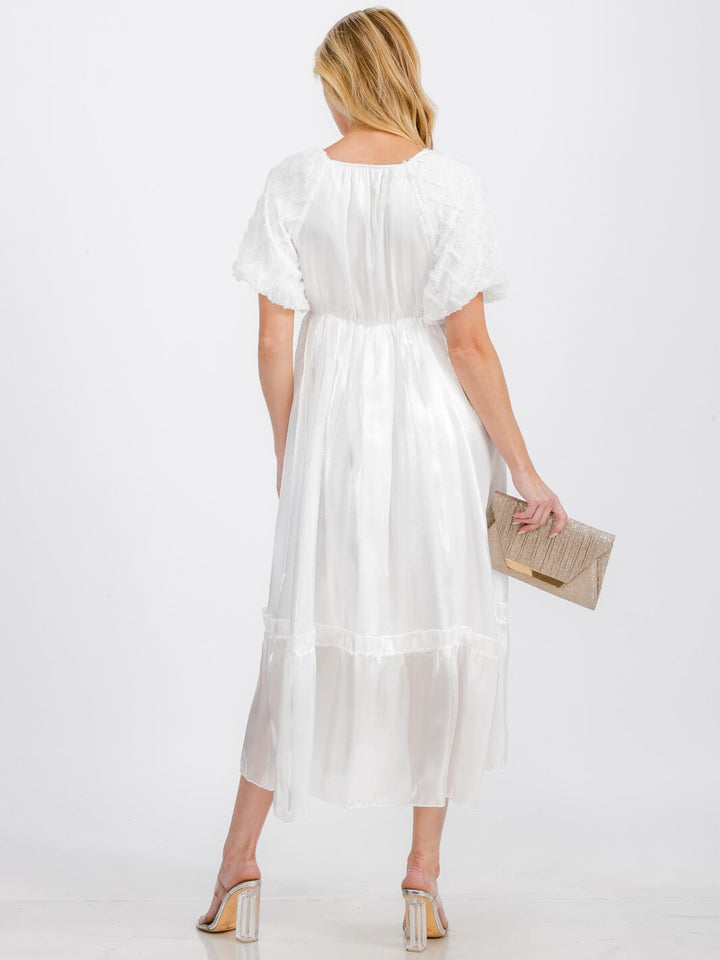 WOMEN'S SHORT PUFF SLEEVE SQUARE NECK SATIN MAXI DRESS