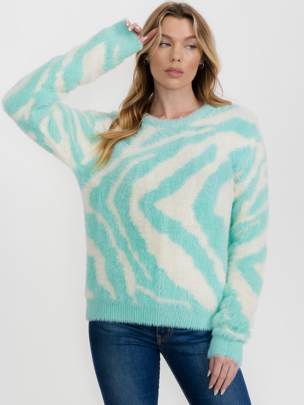 WOMEN'S LONG SLEEVE COLORBLOCK PULLOVER ZEBRA PRINT SWEATER