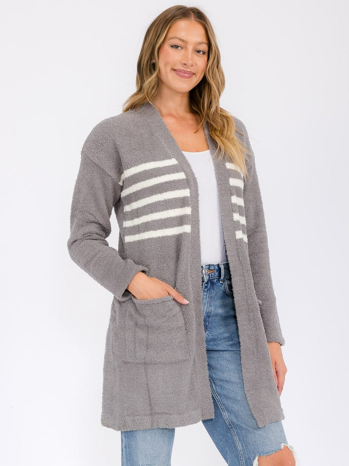 WOMEN'S LONG SLEEVE OPEN FRONT STRIPES POCKETS CARDIGAN