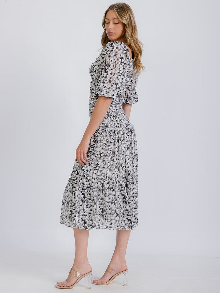 WOMEN'S SHORT SLEEVE SMOCKED BACK TOP & ELASTIC WAIST MIDI SKIRT ANIMAL 2PC. SET