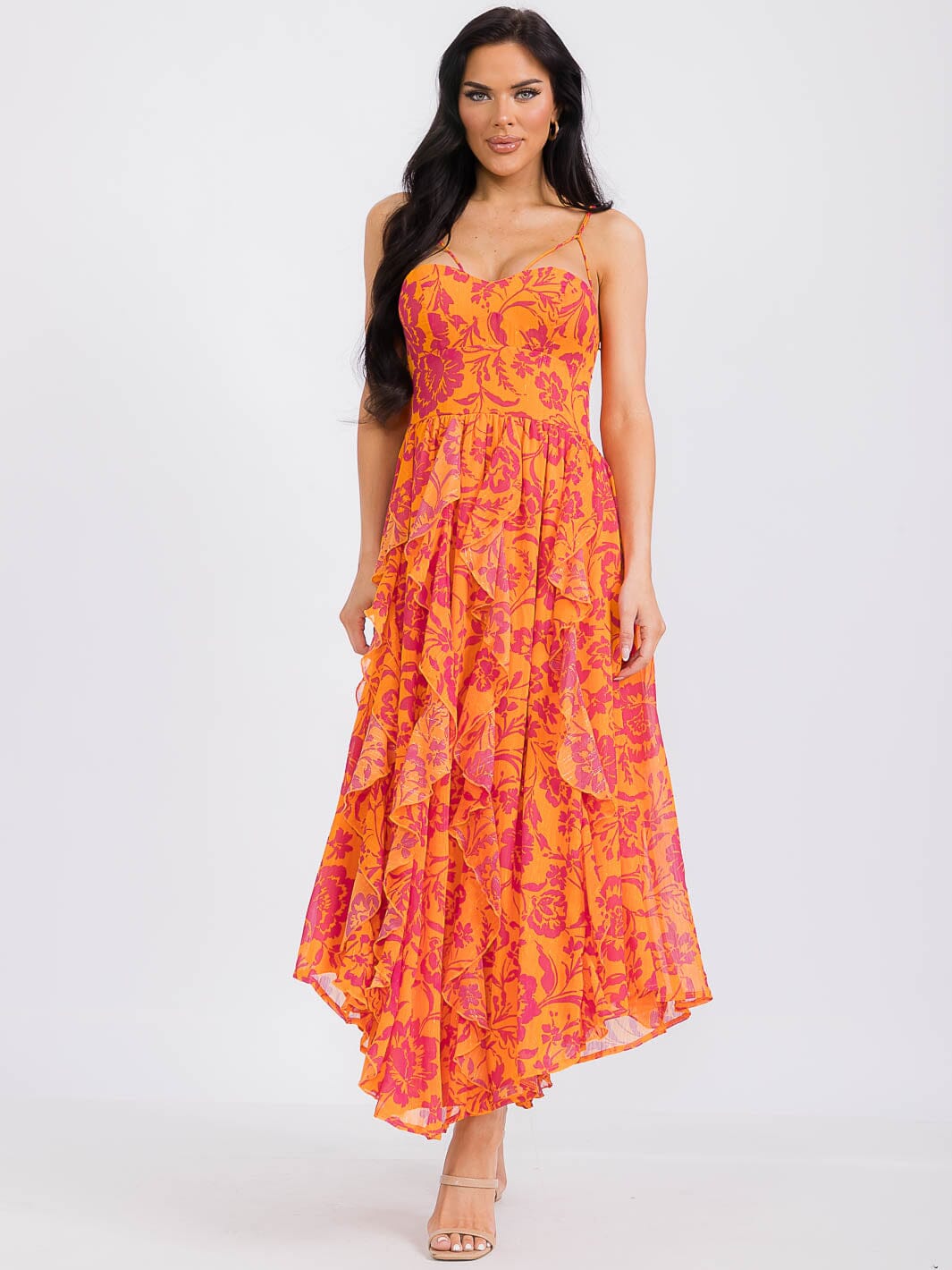 WOMEN'S SLEEVELESS RUFFLE SMOCK FLORAL MAXI DRESS