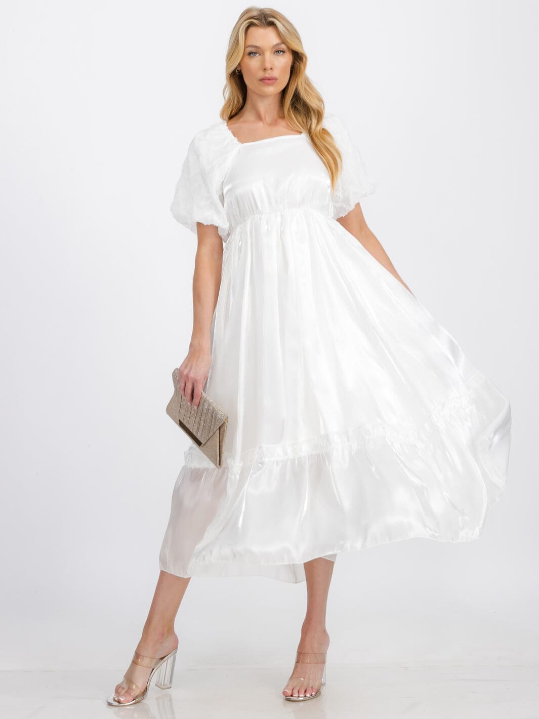 WOMEN'S SHORT PUFF SLEEVE SQUARE NECK SATIN MAXI DRESS