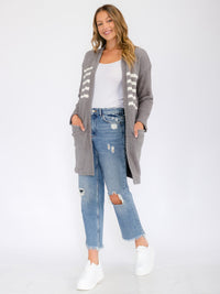 WOMEN'S LONG SLEEVE OPEN FRONT STRIPES POCKETS CARDIGAN