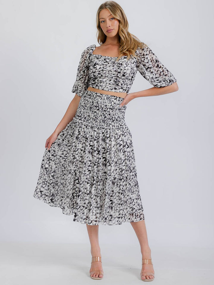 WOMEN'S SHORT SLEEVE SMOCKED BACK TOP & ELASTIC WAIST MIDI SKIRT ANIMAL 2PC. SET