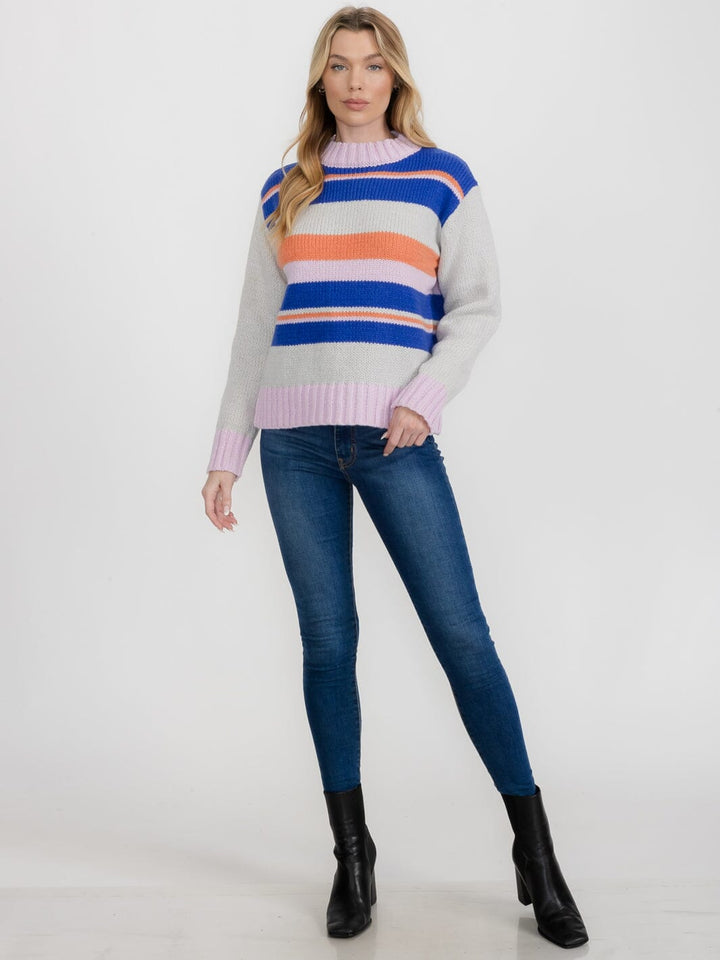 WOMEN'S LONG SLEEVE COLORBLOCK STRIPES PULLOVER SWEATER