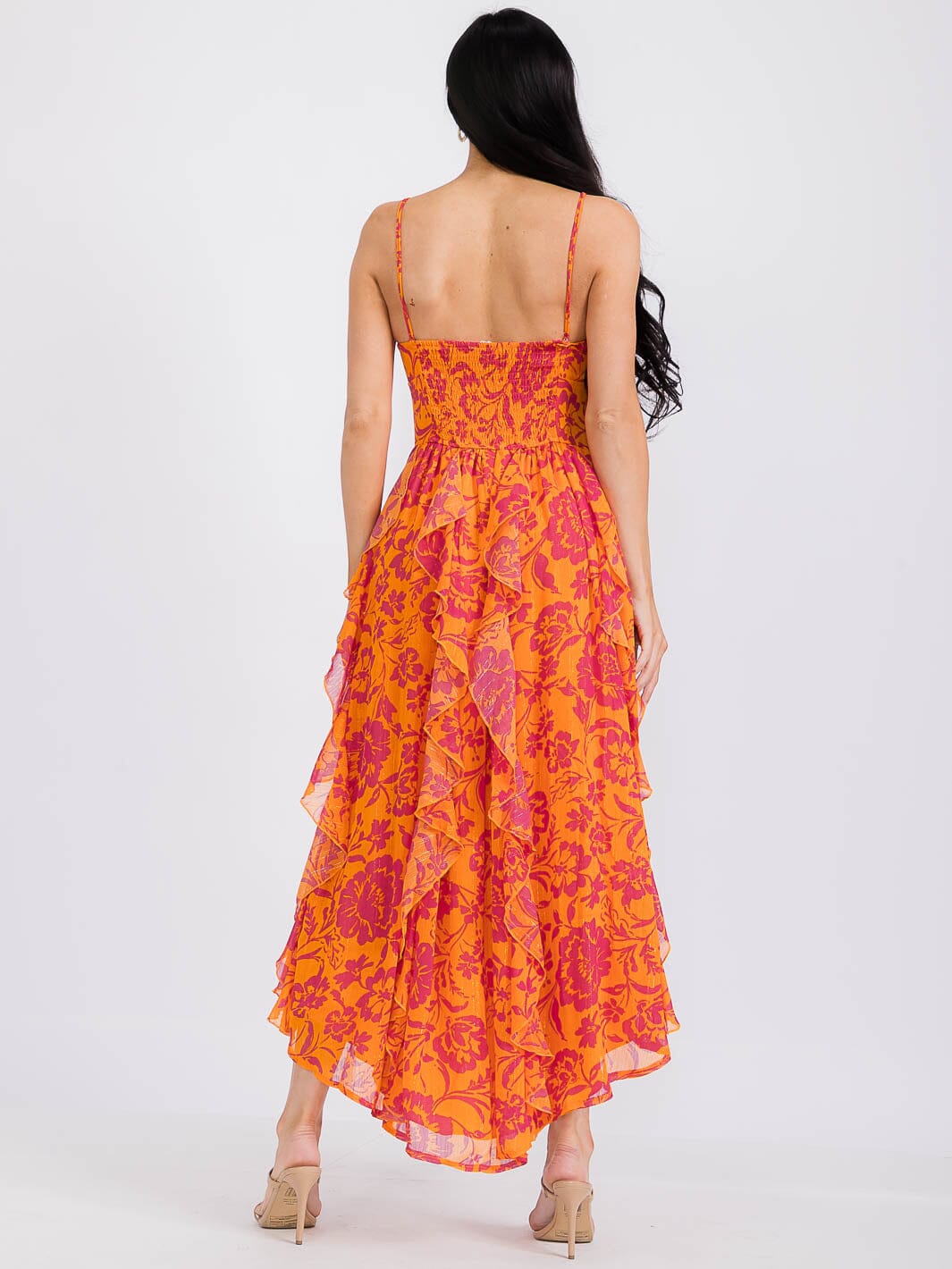 WOMEN'S SLEEVELESS RUFFLE SMOCK FLORAL MAXI DRESS