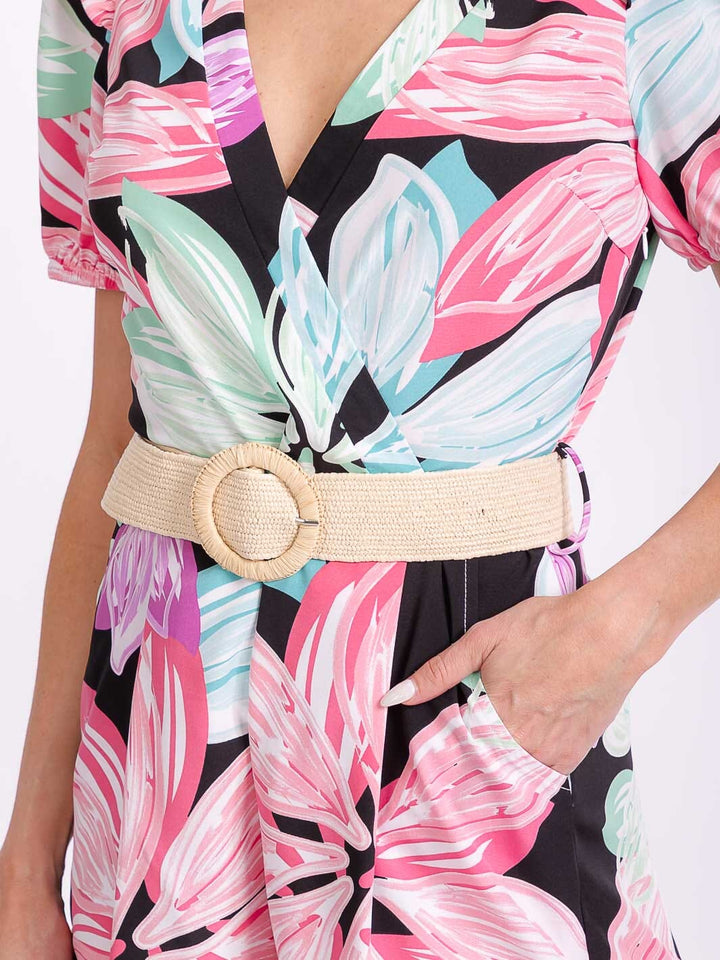 WOMEN'S SHORT PUFF SLEEVE FRONT POCKETS SURPLICE BELTED FLORAL MINI ROMPER