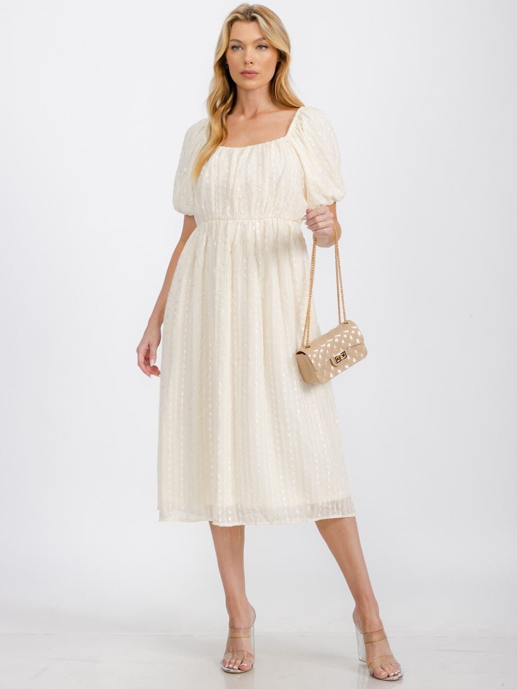 WOMEN'S SHORT PUFF SLEEVE SQUARE NECK POCKETS DETAILED MAXI DRESS