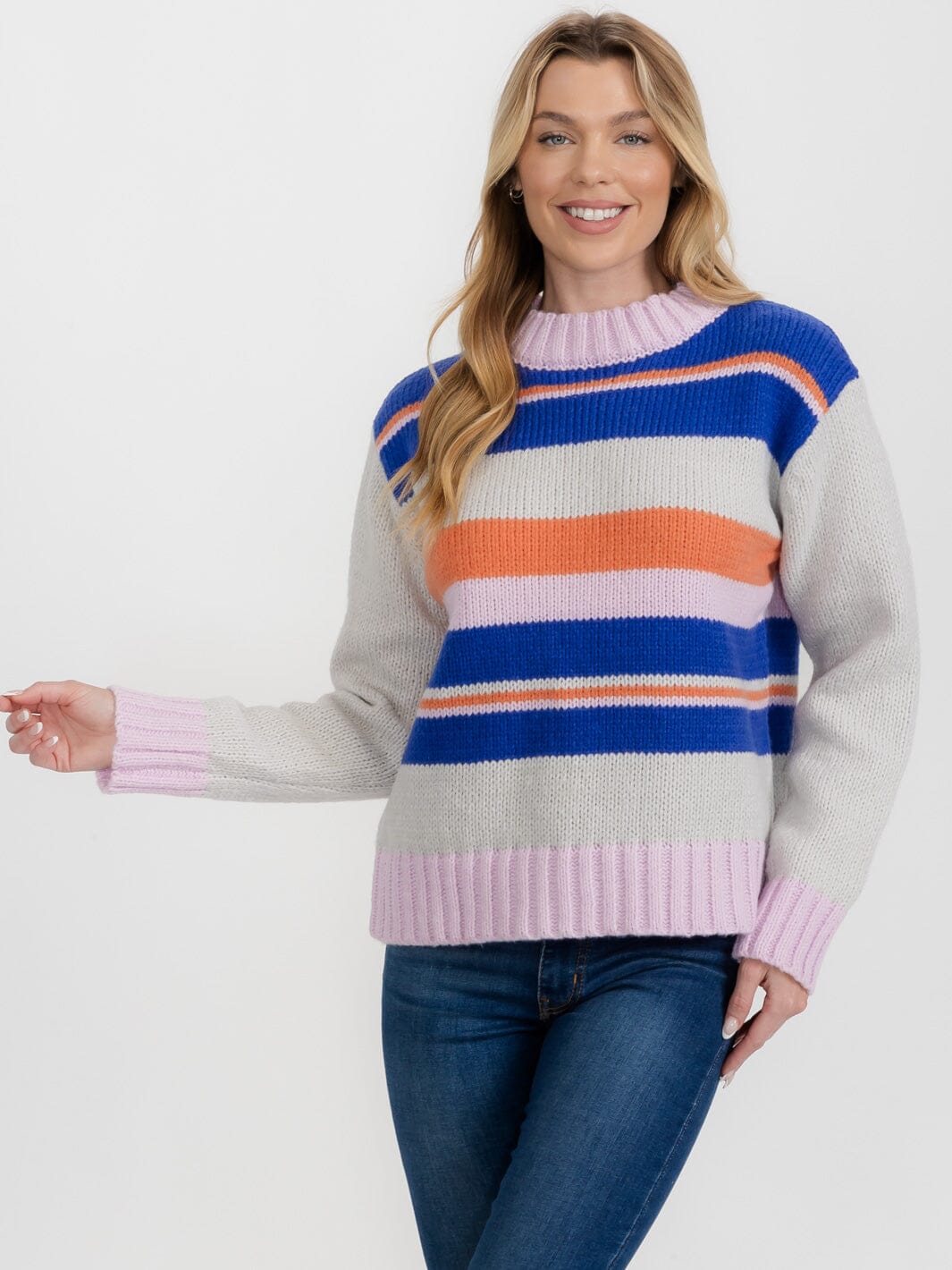 WOMEN'S LONG SLEEVE COLORBLOCK STRIPES PULLOVER SWEATER