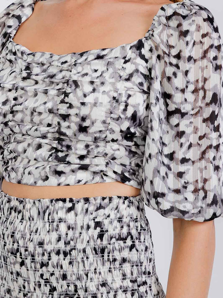 WOMEN'S SHORT SLEEVE SMOCKED BACK TOP & ELASTIC WAIST MIDI SKIRT ANIMAL 2PC. SET