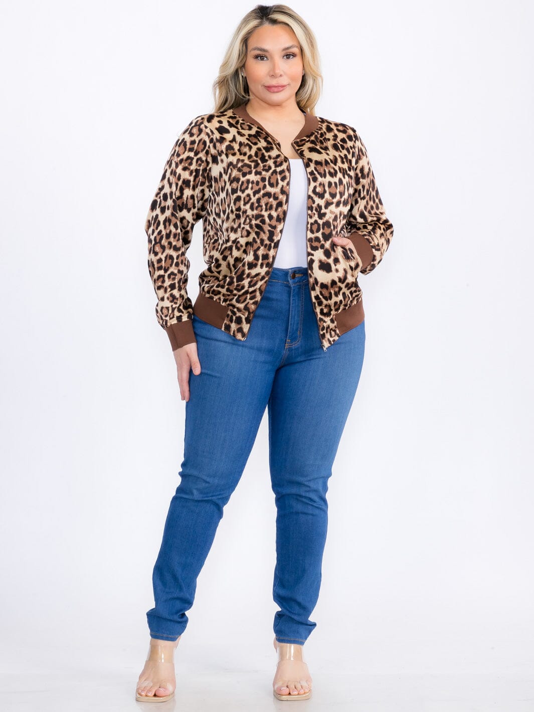 PLUS SIZE LONG SLEEVE ZIPPER CLOSURE ANIMAL PRINT JACKET
