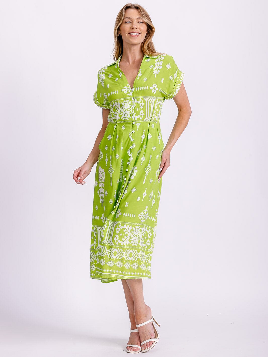 WOMEN'S SHORT SLEEVE BUTTON UP FRONT POCKETS MULTI PRINT MIDI DRESS