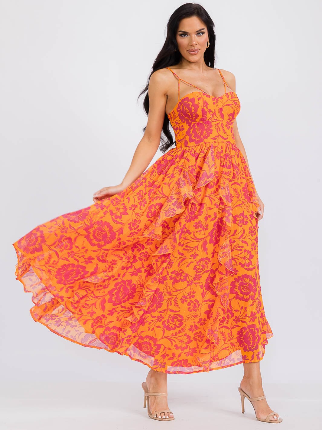 WOMEN'S SLEEVELESS RUFFLE SMOCK FLORAL MAXI DRESS