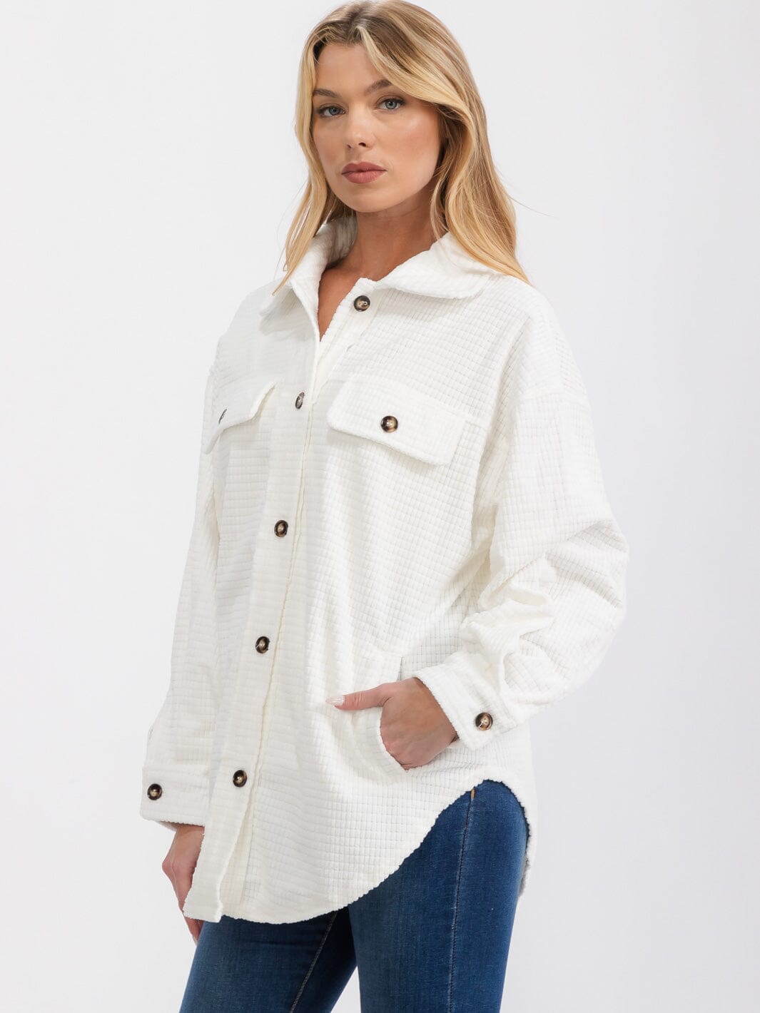 WOMEN'S LONG SLEEVE FRONT POCKETS BUTTON UP OVERSIZED WAFFLE SHACKET