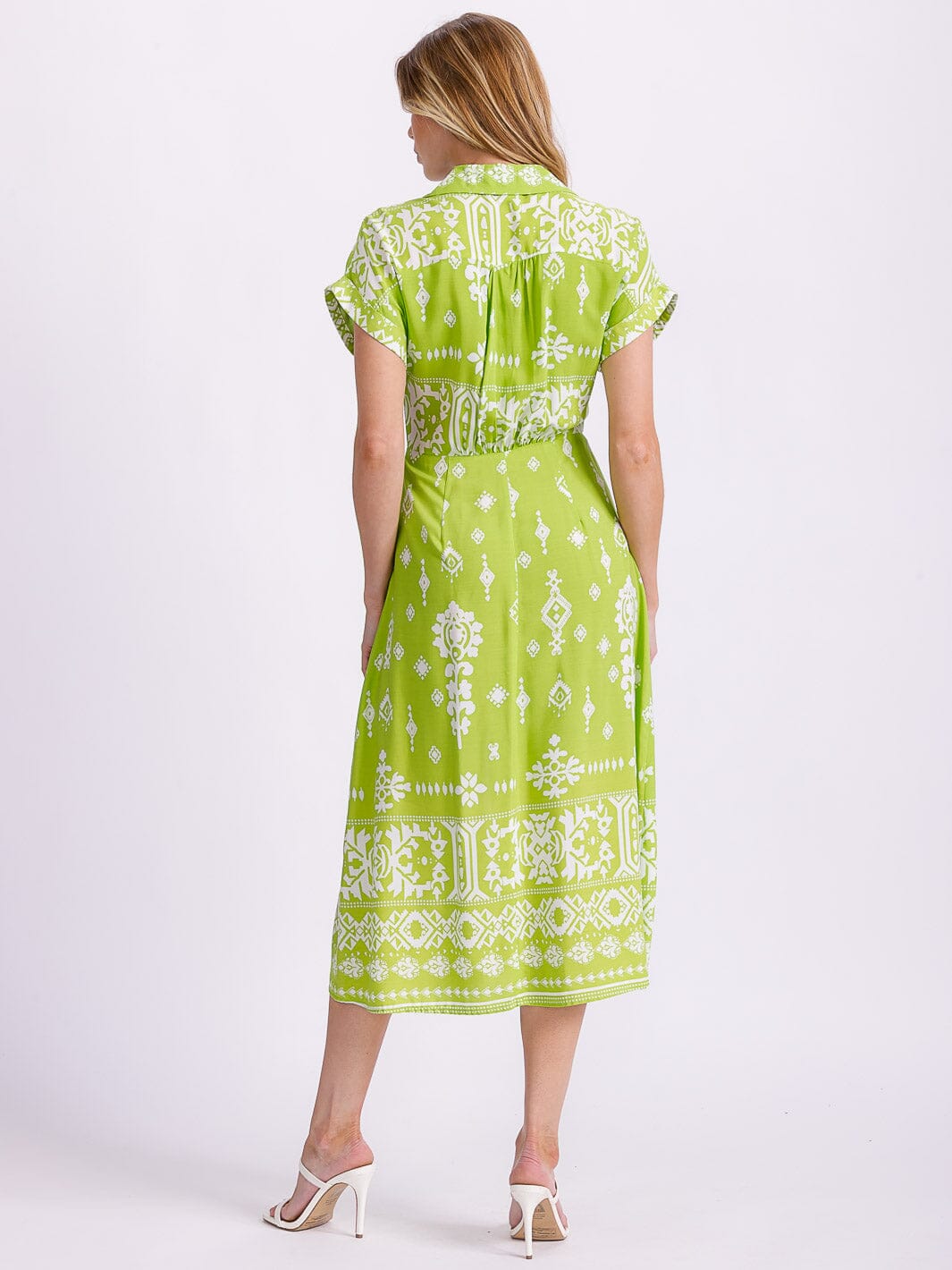 WOMEN'S SHORT SLEEVE BUTTON UP FRONT POCKETS MULTI PRINT MIDI DRESS