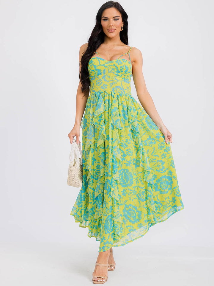 WOMEN'S SLEEVELESS RUFFLE SMOCK FLORAL MAXI DRESS