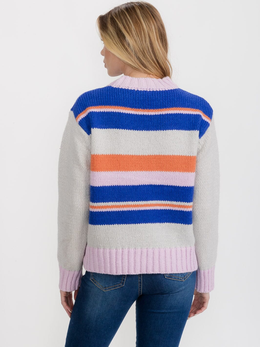 WOMEN'S LONG SLEEVE COLORBLOCK STRIPES PULLOVER SWEATER