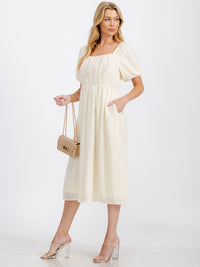 WOMEN'S SHORT PUFF SLEEVE SQUARE NECK POCKETS DETAILED MAXI DRESS