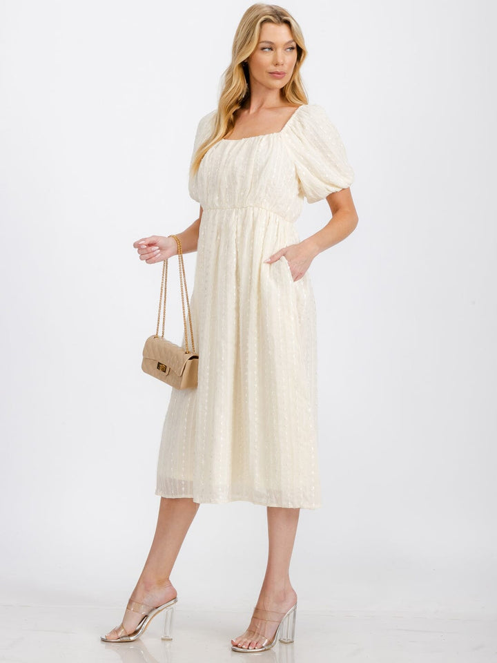 WOMEN'S SHORT PUFF SLEEVE SQUARE NECK POCKETS DETAILED MAXI DRESS