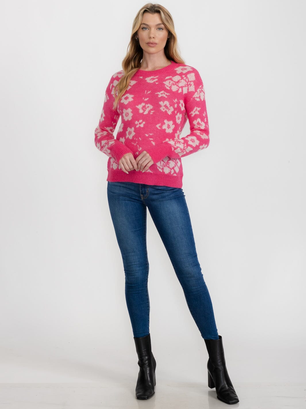 WOMEN'S LONG SLEEVE COLORBLOCK FLORAL PULLOVER SWEATER
