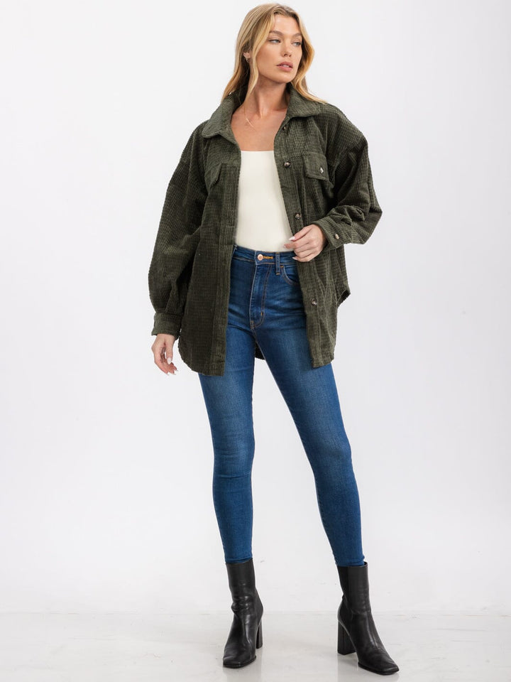 WOMEN'S LONG SLEEVE FRONT POCKETS BUTTON UP OVERSIZED WAFFLE SHACKET