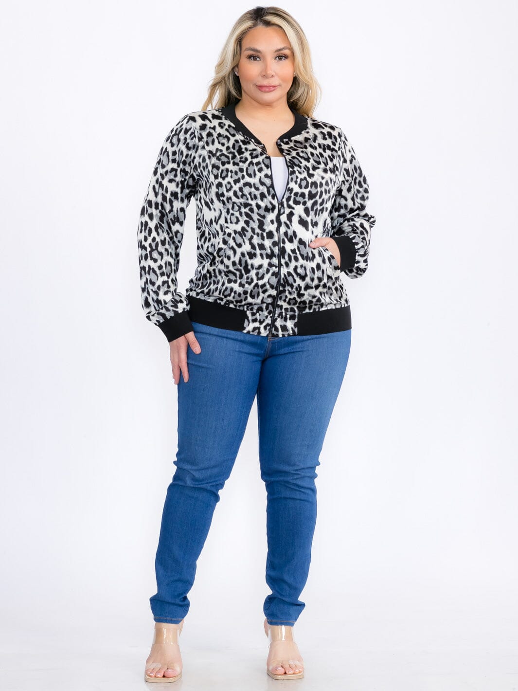 PLUS SIZE LONG SLEEVE ZIPPER CLOSURE ANIMAL PRINT JACKET