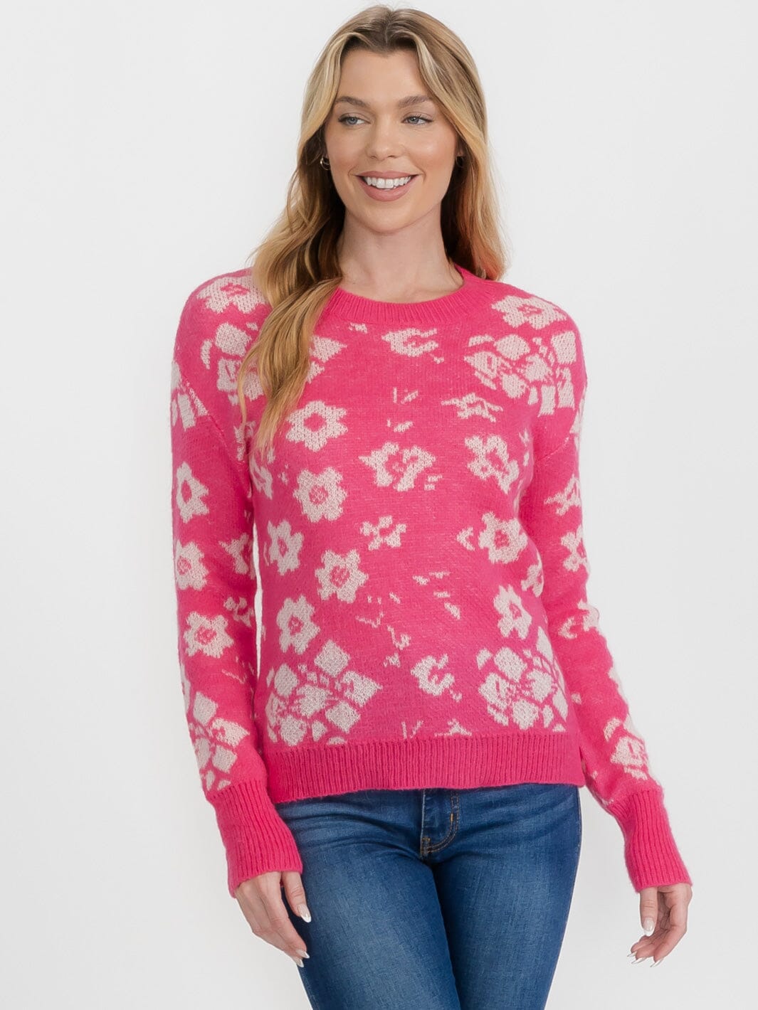 WOMEN'S LONG SLEEVE COLORBLOCK FLORAL PULLOVER SWEATER