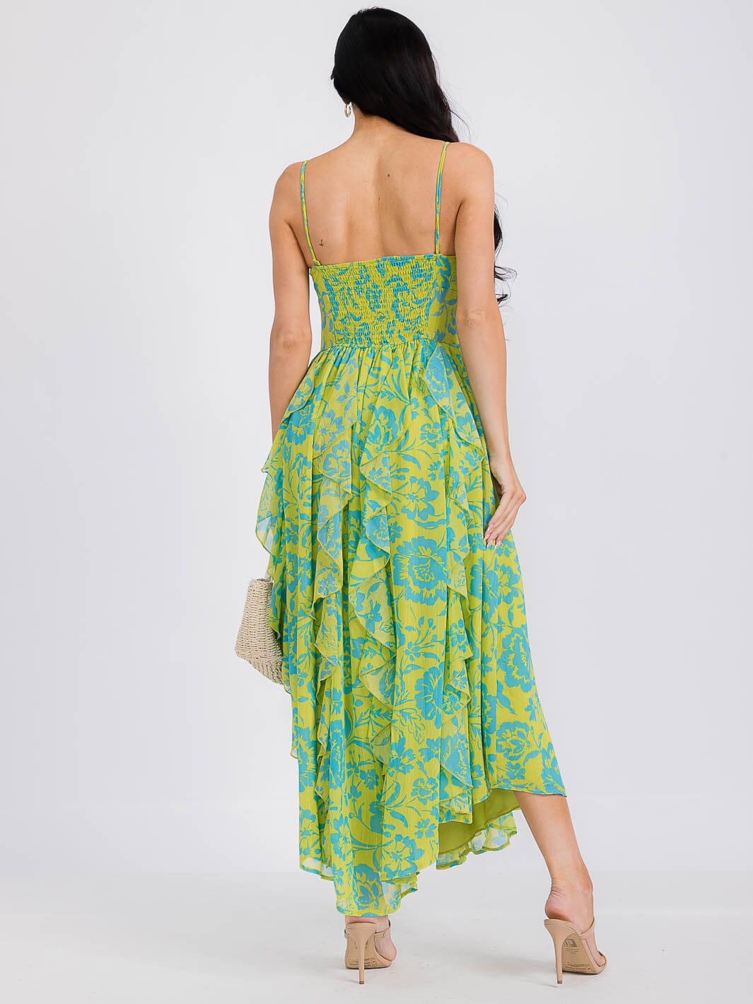 WOMEN'S SLEEVELESS RUFFLE SMOCK FLORAL MAXI DRESS
