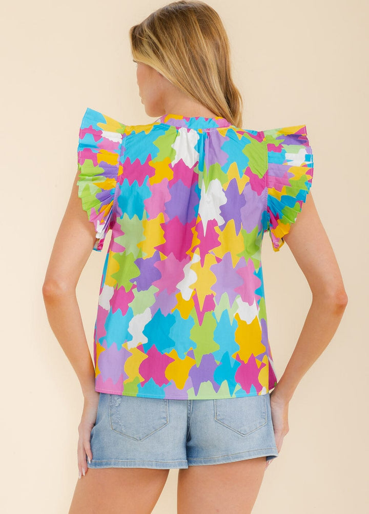 WOMEN'S RUFFLE SLEEVE V-NECK MULTI PRINT BLOUSE