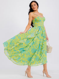 WOMEN'S SLEEVELESS RUFFLE SMOCK FLORAL MAXI DRESS
