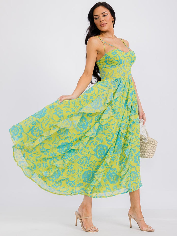 WOMEN'S SLEEVELESS RUFFLE SMOCK FLORAL MAXI DRESS