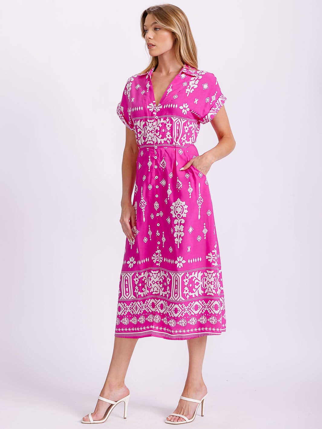 WOMEN'S SHORT SLEEVE BUTTON UP FRONT POCKETS MULTI PRINT MIDI DRESS