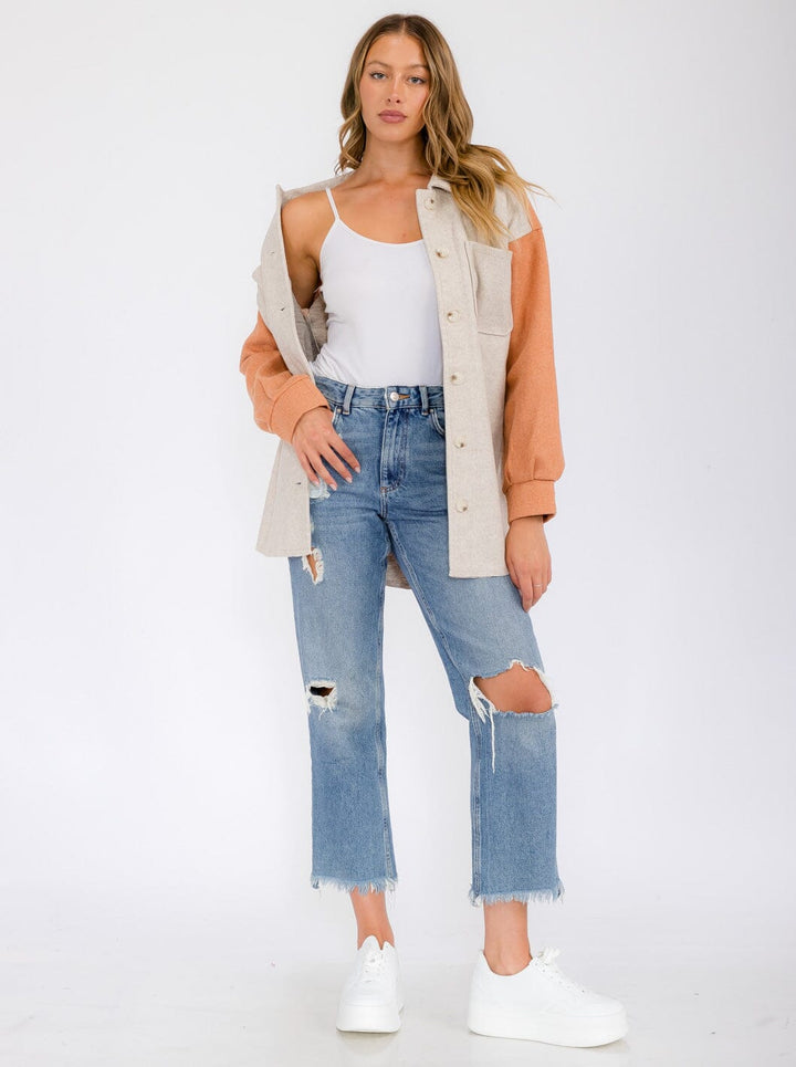 WOMEN'S LONG SLEEVE POCKETS BUTTON UP COLORBLOCK JACKET